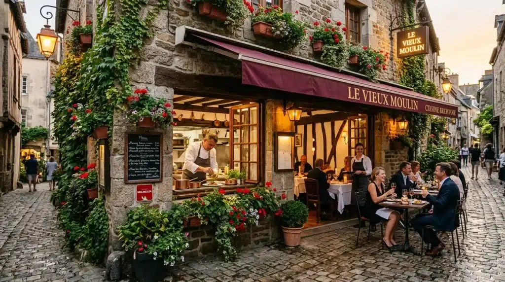 Restaurant Le Vieux Moulin avec clients dînant en terrasse