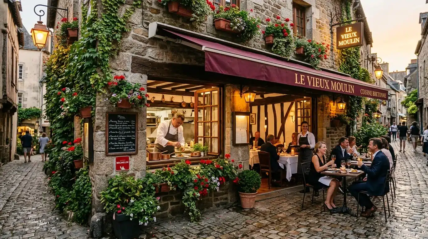 Restaurant Le Vieux Moulin avec clients dînant en terrasse