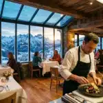 Chef cuisine devant fenêtres panoramiques montagne enneigée