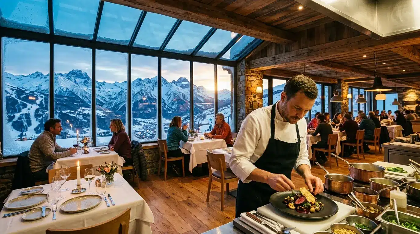 Chef cuisine devant fenêtres panoramiques montagne enneigée