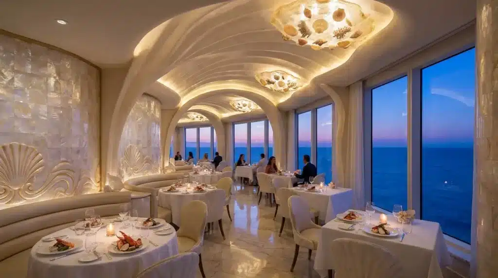 Restaurant luxueux avec vue panoramique sur l'océan au crépuscule