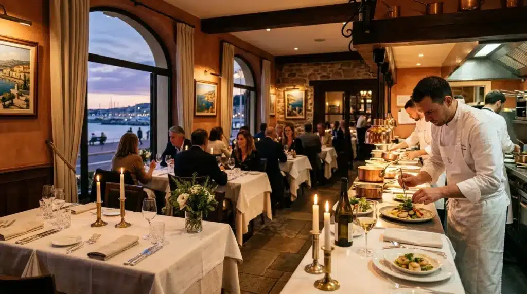 Chef préparant des plats dans restaurant élégant vue mer
