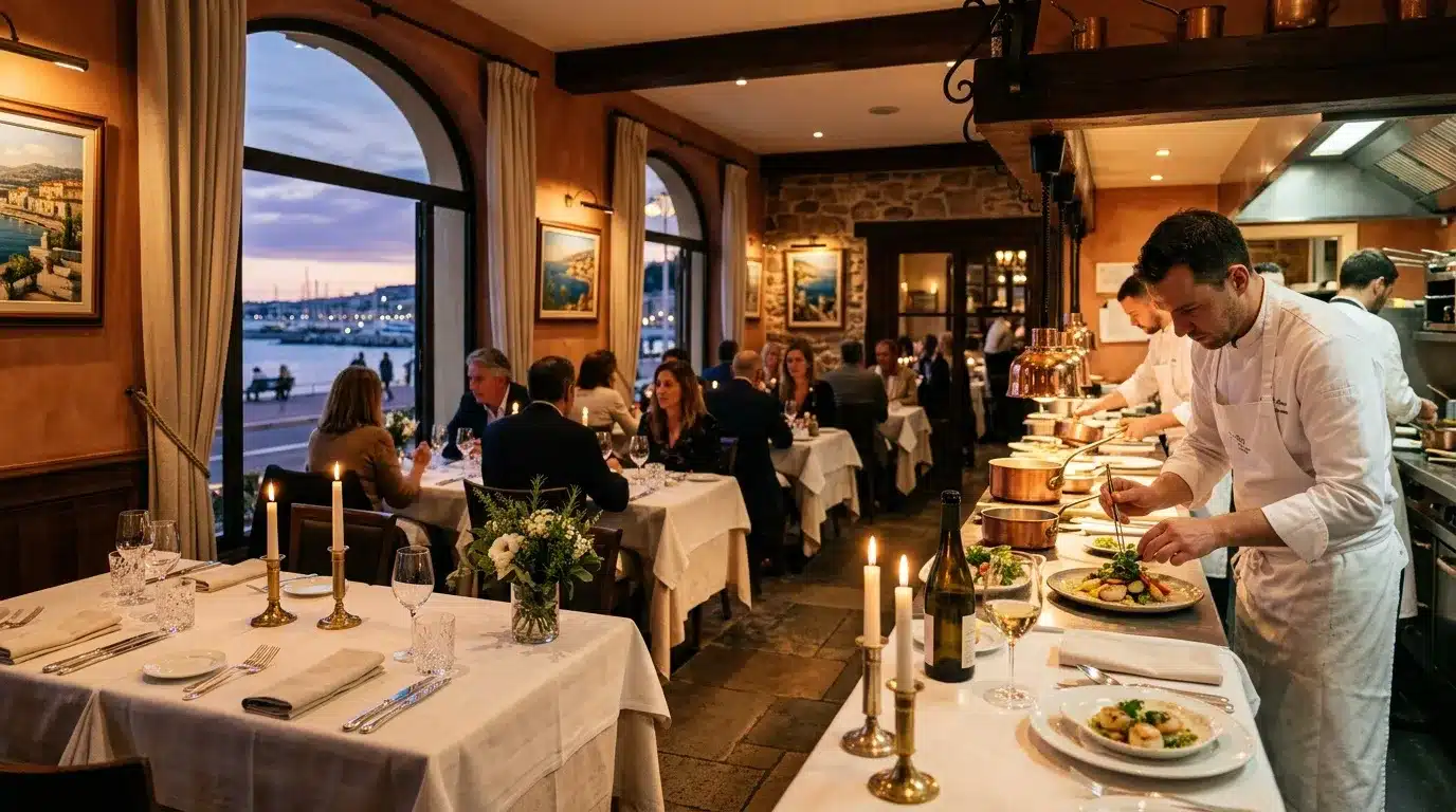 Chef préparant des plats dans restaurant élégant vue mer