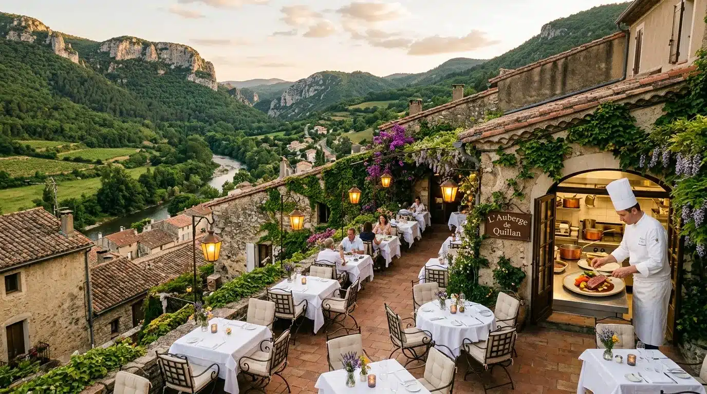 Chef cuisinant en terrasse avec vue panoramique montagne