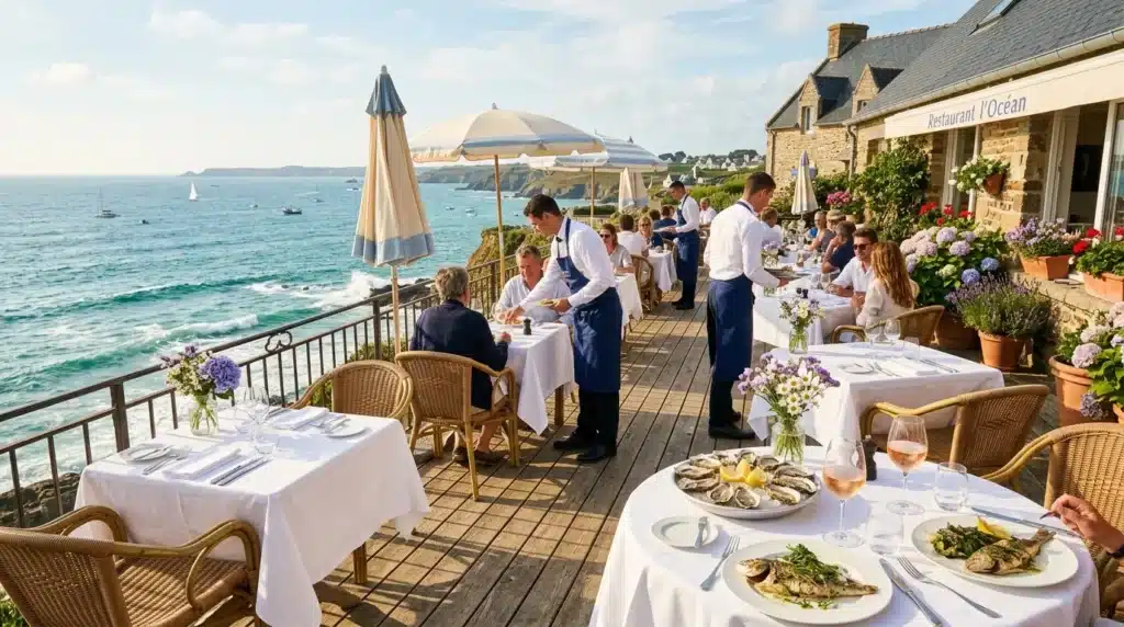 Terrasse de restaurant avec vue panoramique sur la mer et les voiliers