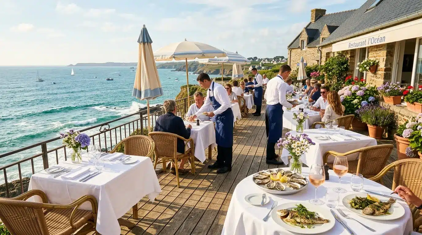 Terrasse de restaurant avec vue panoramique sur la mer et les voiliers