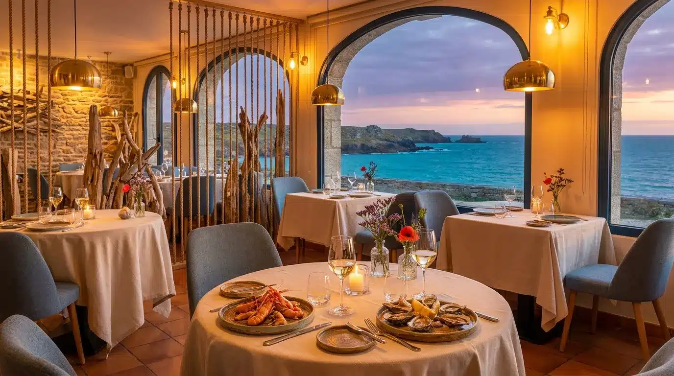 Restaurant élégant avec vue panoramique sur la mer et les falaises côtières