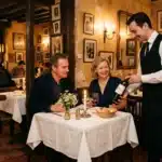 Serveur présentant une bouteille de vin à des clients en restaurant