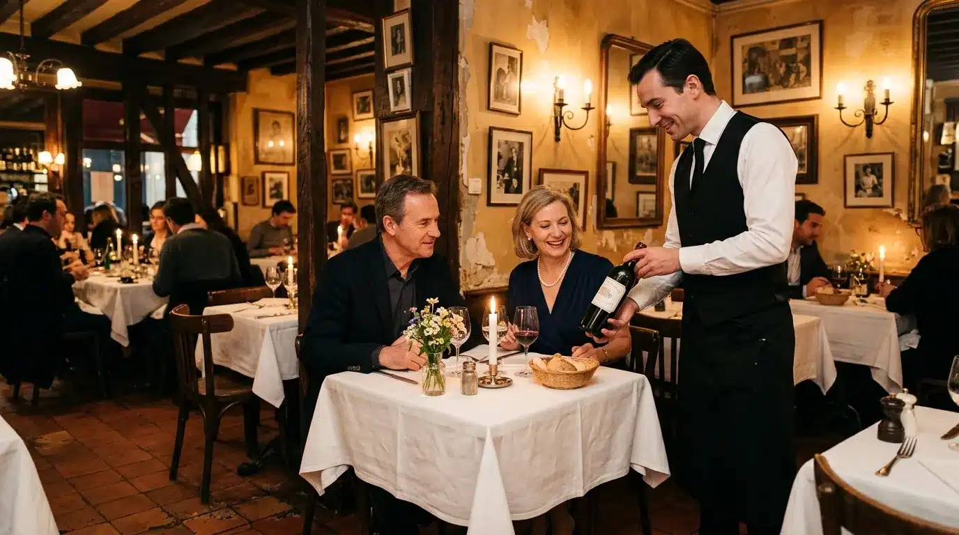 Serveur présentant une bouteille de vin à des clients en restaurant