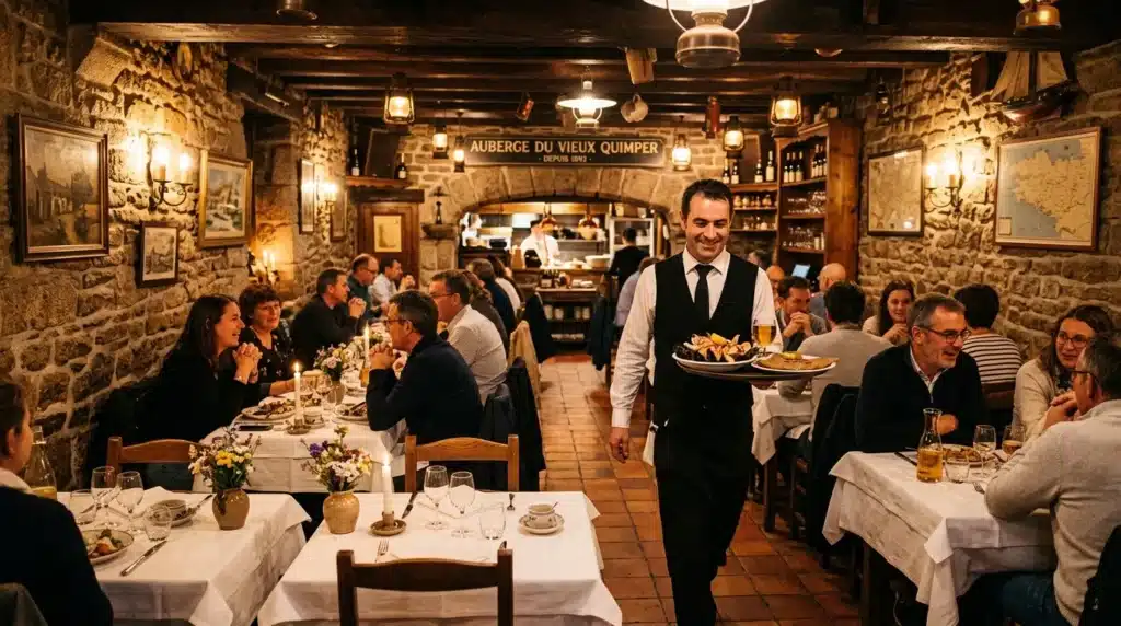 Serveur apportant un plat dans un restaurant rustique français animé