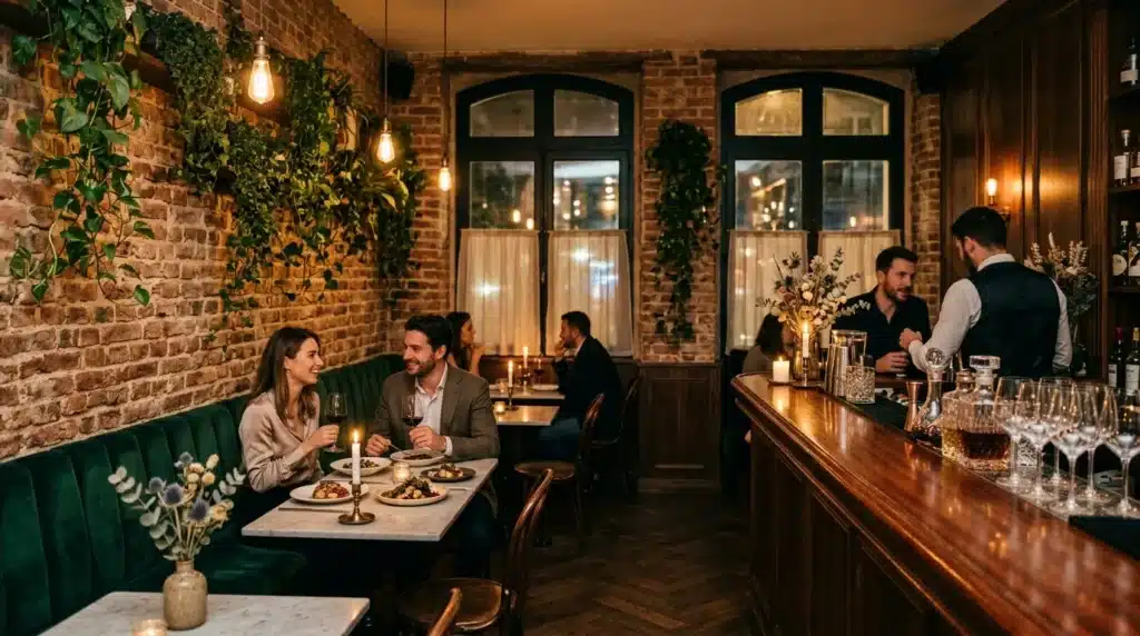 Couple dînant dans un restaurant chic avec bar en bois et briques