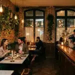Couple dînant dans un restaurant chic avec bar en bois et briques