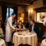 Chef en toque servit un plat dans un restaurant de luxe