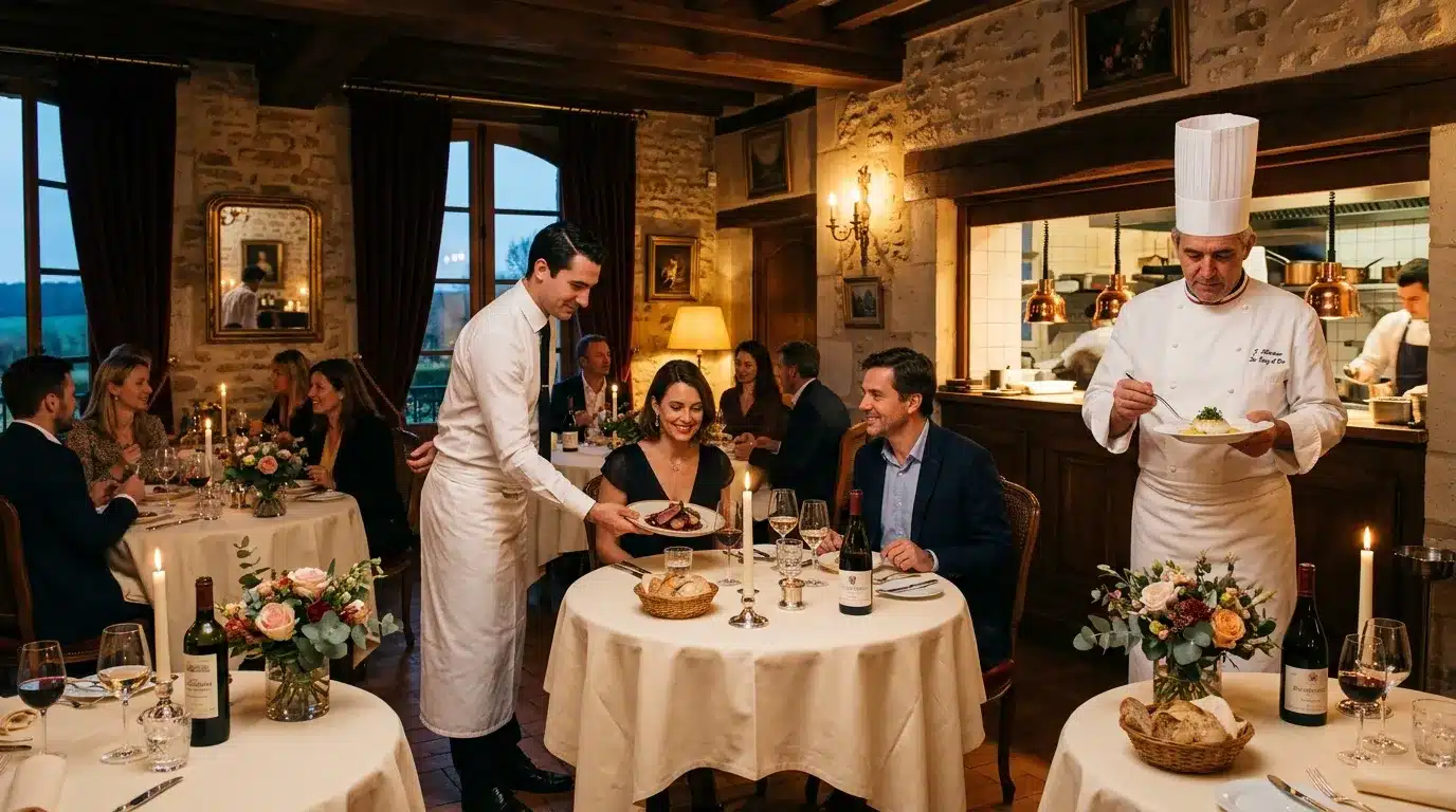 Chef en toque servit un plat dans un restaurant de luxe