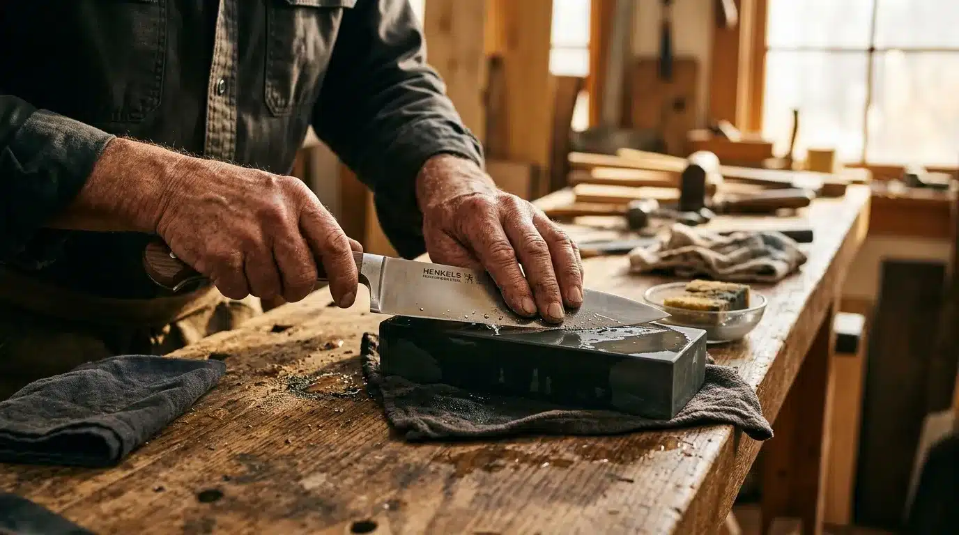 Artisan affûte un ciseau sur une pierre à aiguiser