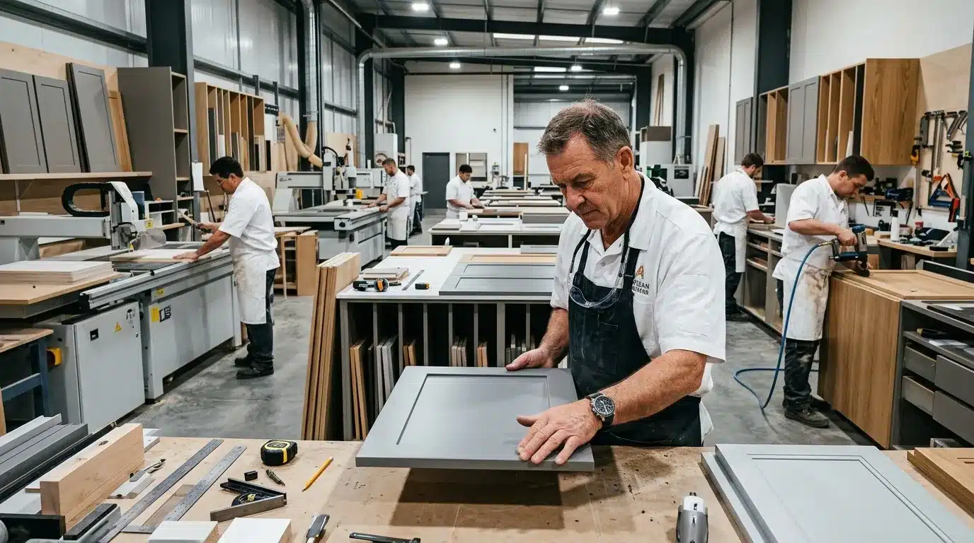 Artisan travaillant le bois dans un atelier de menuiserie moderne
