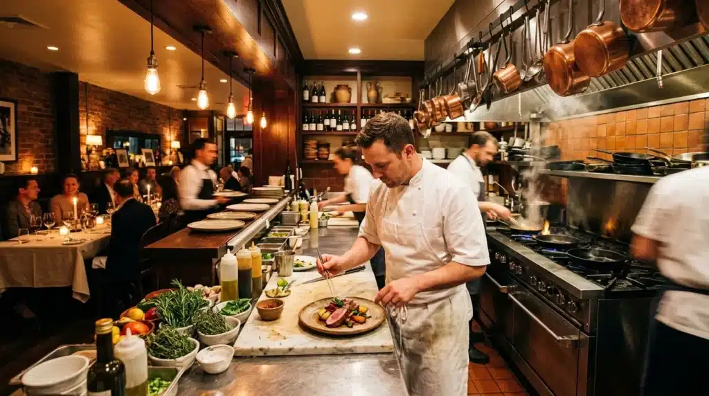 Chef prépare un plat devant des clients dans une cuisine ouverte chaleureuse