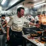 Chef dirigeant sa cuisine en pleine action culinaire intense