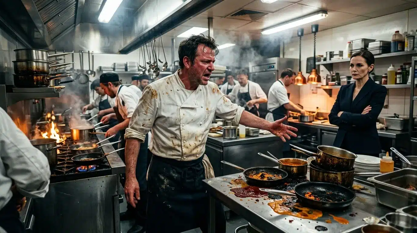 Chef dirigeant sa cuisine en pleine action culinaire intense