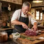 Chef en tablier découpe viande rouge dans cuisine rustique