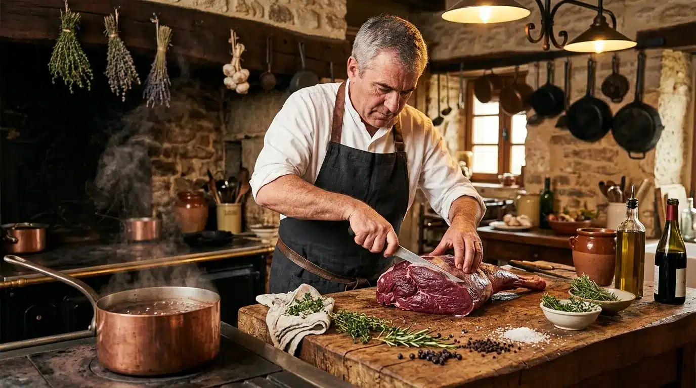Chef en tablier découpe viande rouge dans cuisine rustique