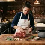 Femme chef assaisonne un morceau de viande rouge cru