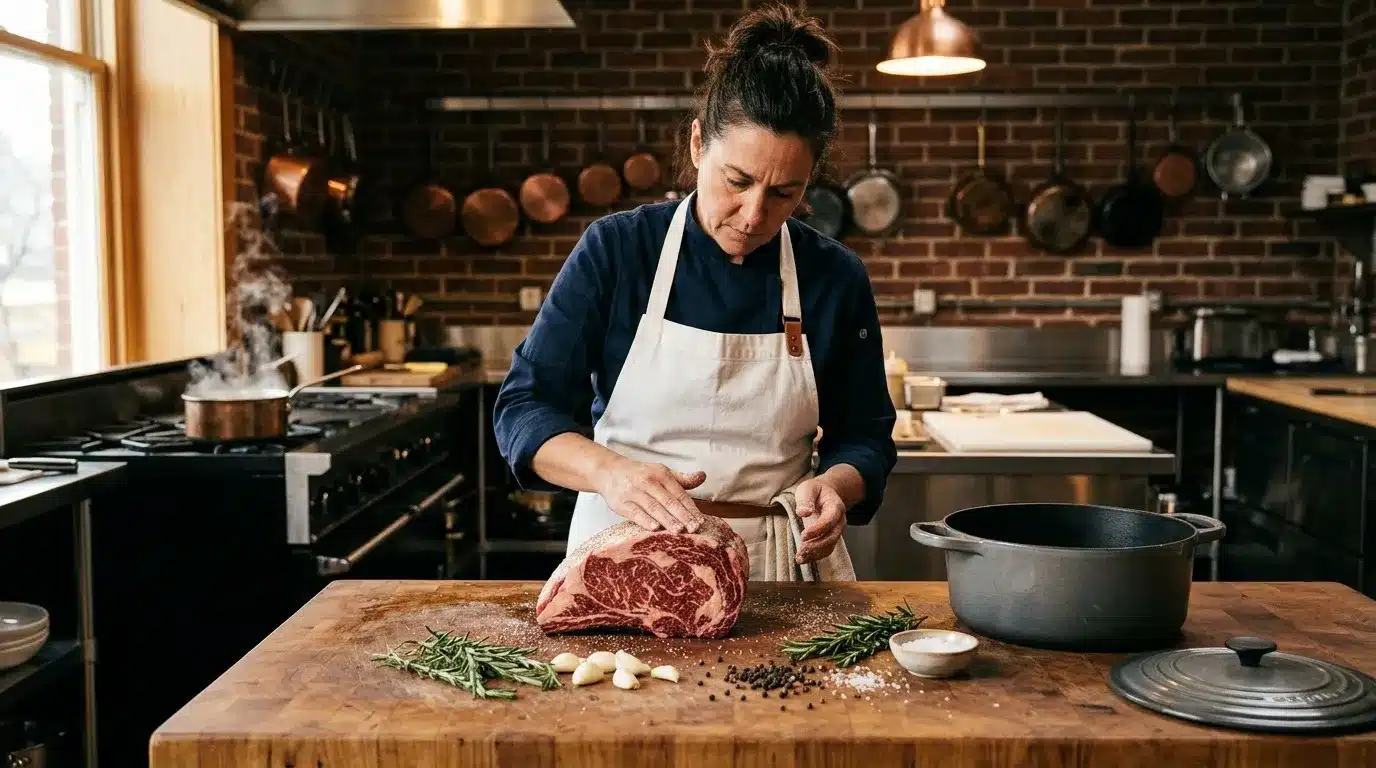 Femme chef assaisonne un morceau de viande rouge cru