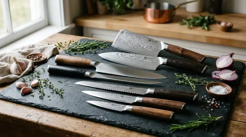 Couteaux de chef avec manche bois sur planche ardoise