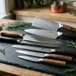 Couteaux de chef avec manche bois sur planche ardoise