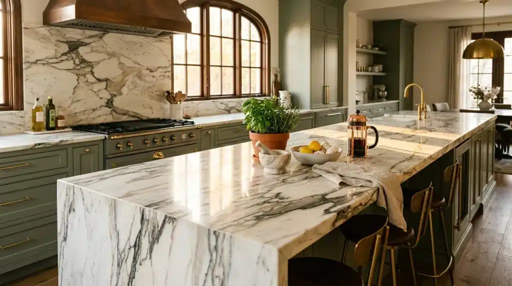 Cuisine luxueuse avec îlot marbre, meubles verts, luminaires dorés