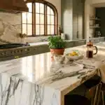 Cuisine luxueuse avec îlot marbre, meubles verts, luminaires dorés