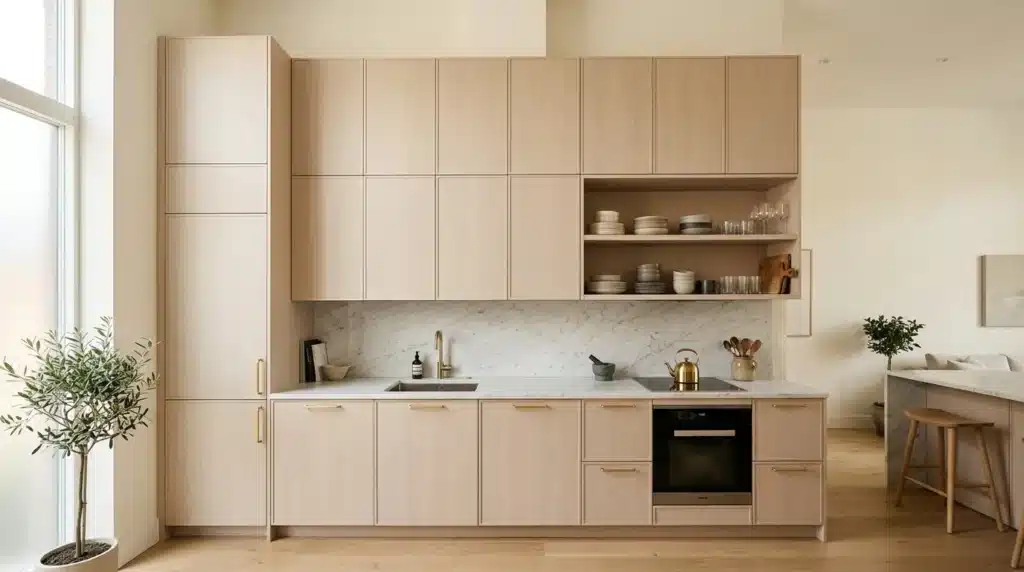 Cuisine moderne avec placards bois, plan marbre et étagères ouvertes