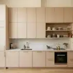 Cuisine moderne avec placards bois, plan marbre et étagères ouvertes