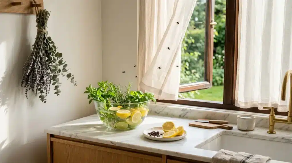 Comptoir de cuisine avec herbes, citrons et vue jardin