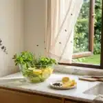 Comptoir de cuisine avec herbes, citrons et vue jardin