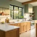 Cuisine élégante avec bois, marbre et baies vitrées vertes