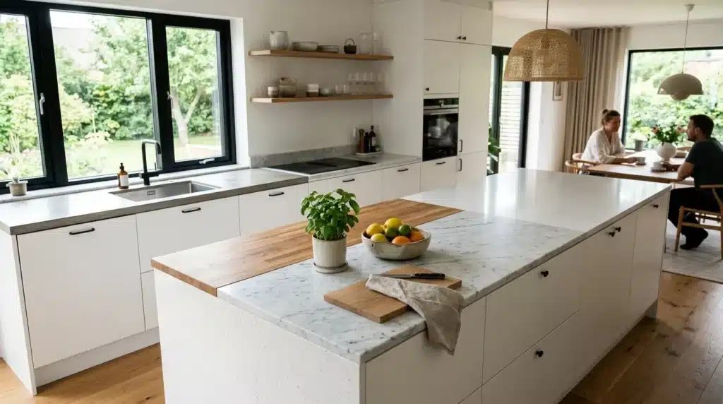 Cuisine contemporaine blanche avec îlot central et vue jardin