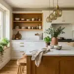 Cuisine blanche et bois avec îlot, pendentifs dorés et plantes vertes