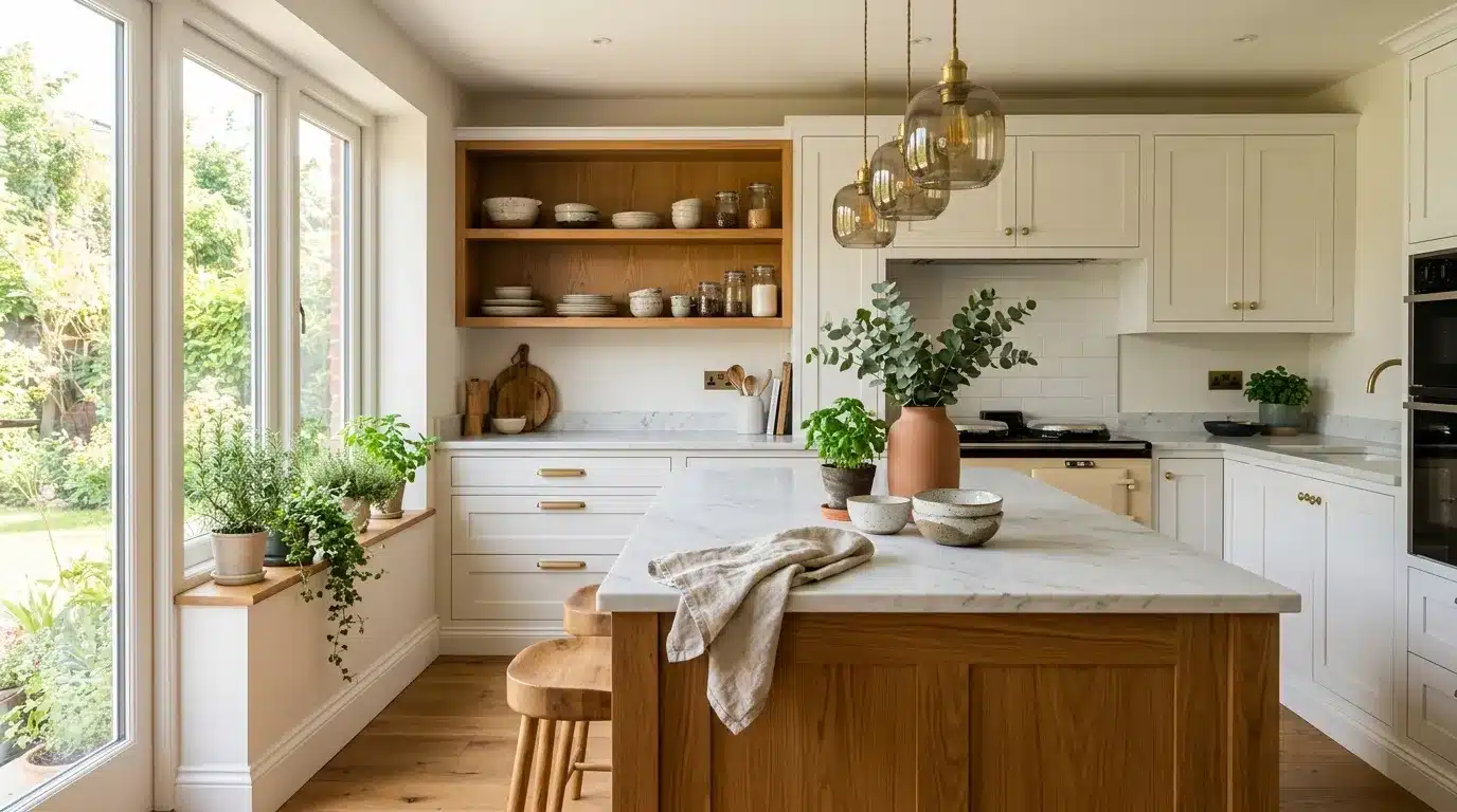 Cuisine blanche et bois avec îlot, pendentifs dorés et plantes vertes