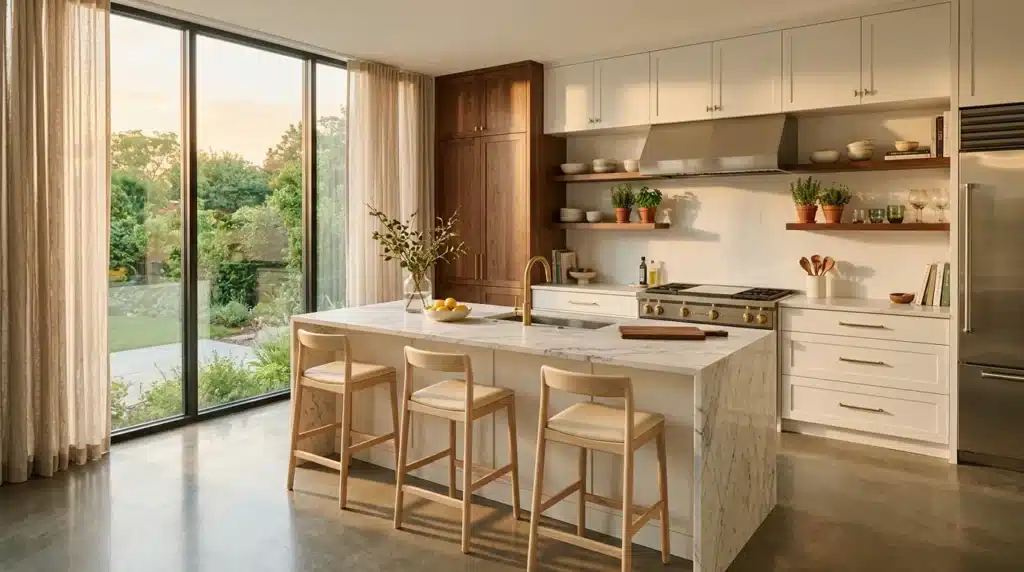 Cuisine contemporaine avec îlot central, baies vitrées et mobilier bois
