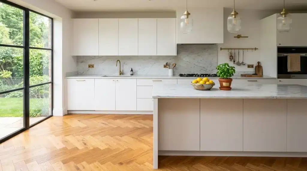 Cuisine blanche et marbre avec îlot central et baies vitrées