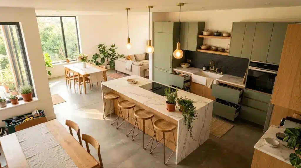Cuisine contemporaine avec îlot central et salon attenant