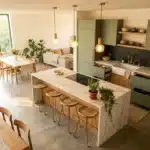 Cuisine contemporaine avec îlot central et salon attenant
