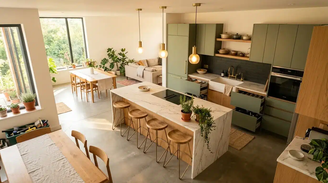 Cuisine contemporaine avec îlot central et salon attenant