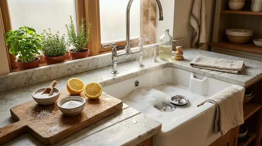 Évier blanc avec comptoir marbre, plantes et accessoires de cuisine