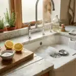 Évier blanc avec comptoir marbre, plantes et accessoires de cuisine