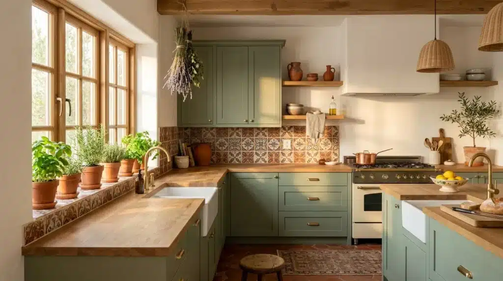 Cuisine campagnarde avec armoires vertes, carrelage terracotta, plantes aromatiques