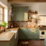 Cuisine campagnarde avec armoires vertes, carrelage terracotta, plantes aromatiques