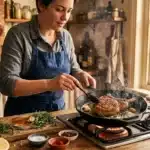 Femme cuisinière prépare un steak dans une poêle en fonte