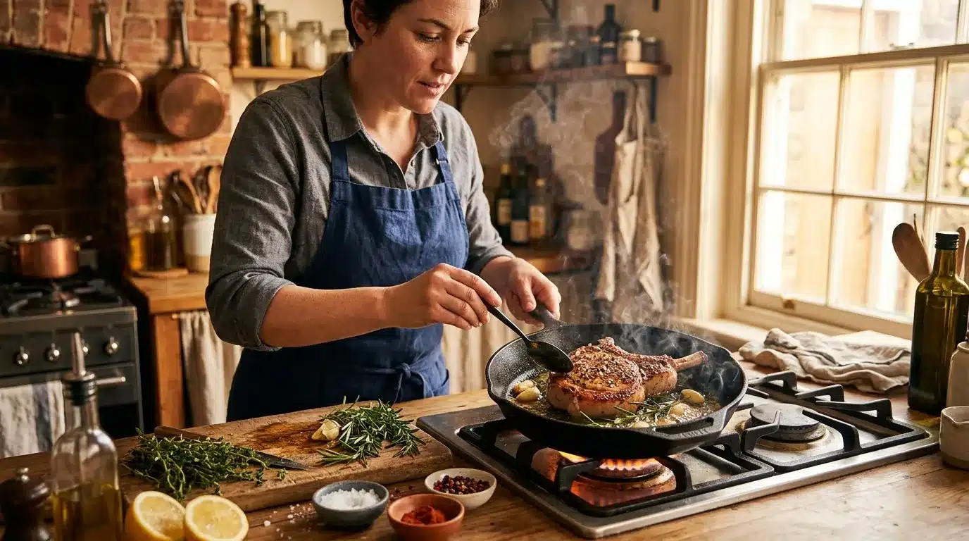 Femme cuisinière prépare un steak dans une poêle en fonte